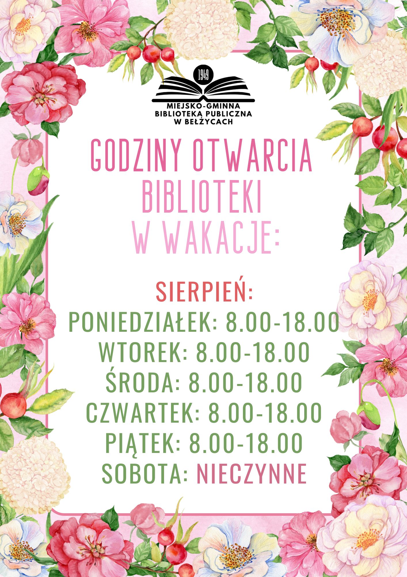 Godziny otwarcia biblioteki wakacje1