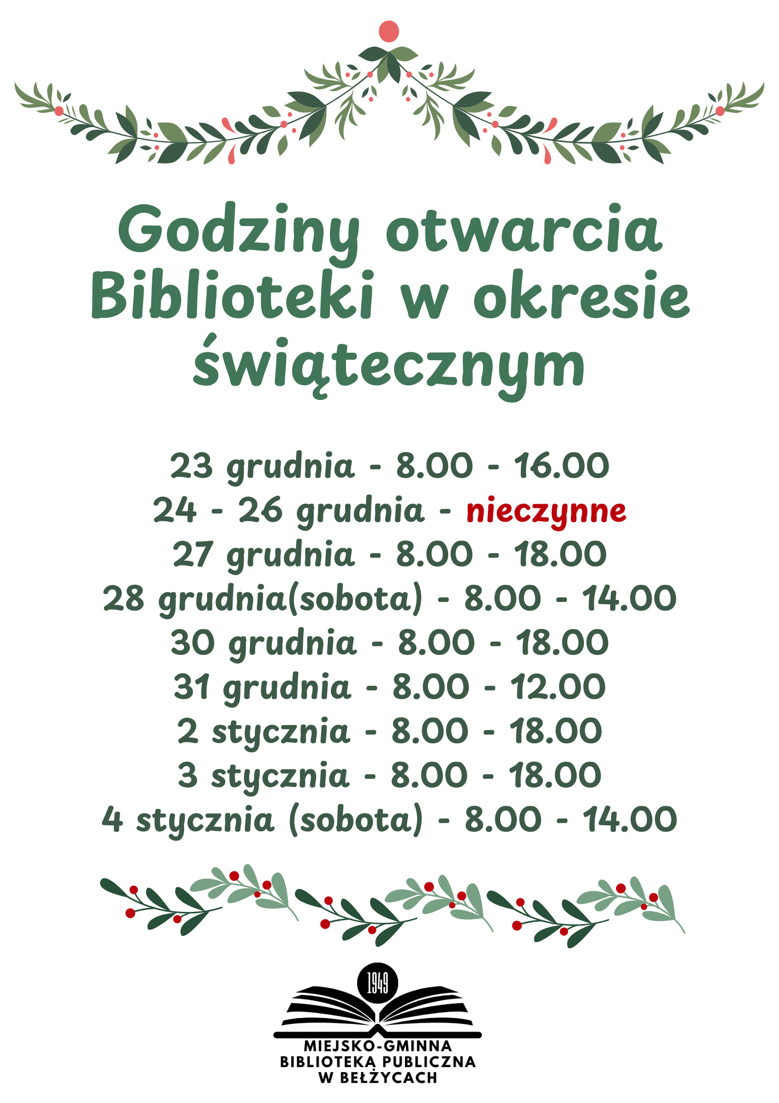 Informujemy że w dniu 2 listopada sobota Biblioteka nieczynna4