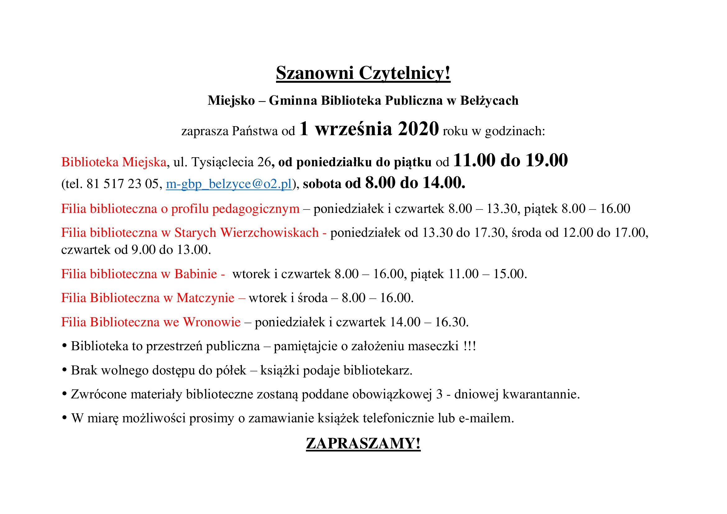 Komunikat dla CzytelnikÃ³w 01.09.2020